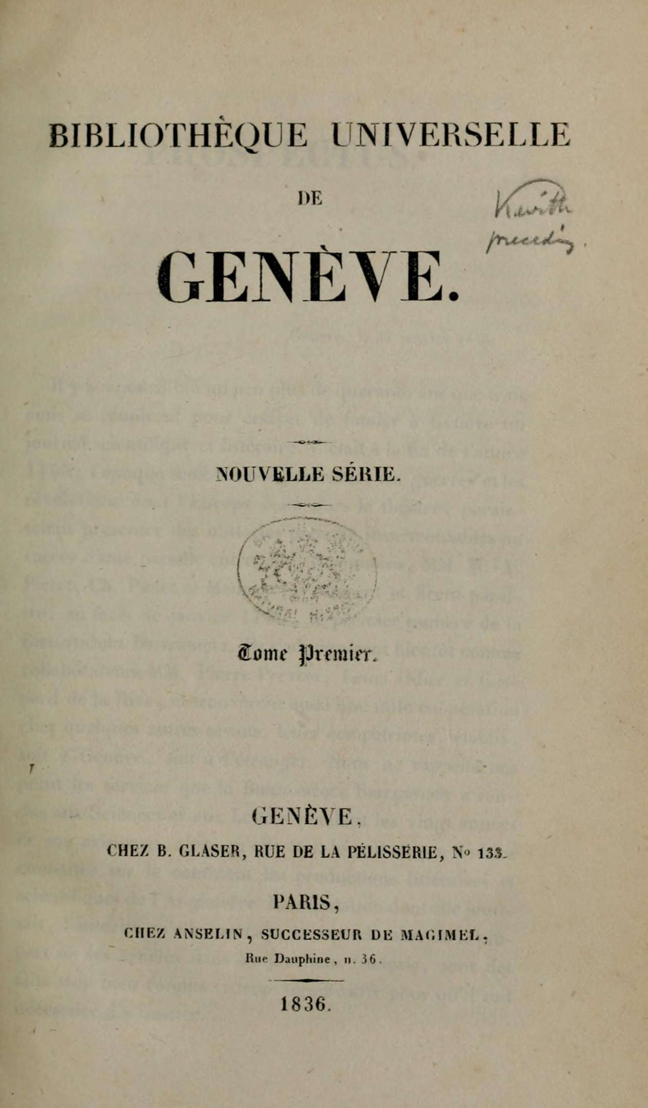 Altes Buch mit dem Titel "Bibliothèque Universitaire de Geneve" offen und zeigt Text im Inneren.
