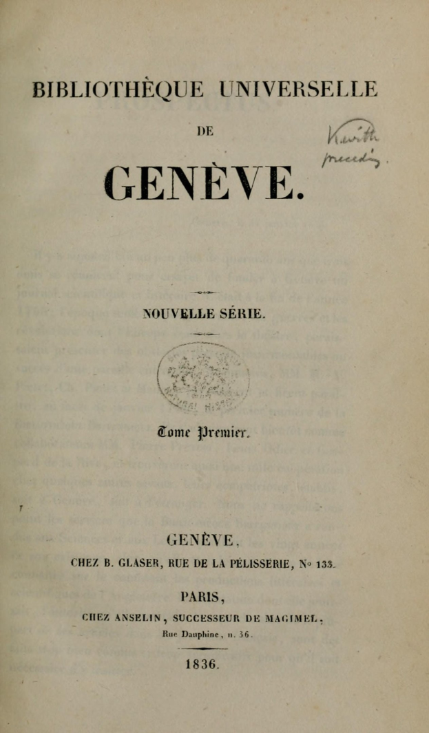Altes Buch mit dem Titel "Bibliothèque Universitaire de Geneve" offen und zeigt Text im Inneren.