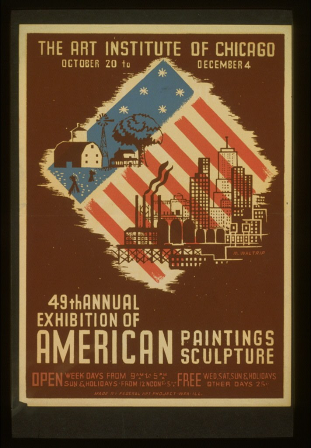 Plakat für die 49. Jahresausstellung amerikanischer Malerei und Skulptur des Art Institute of Chicago mit Text und Bildern zum Ereignis.