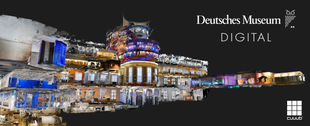 Digitale Kunst des Deutschen Museums Digital mit Gebäuden im Vordergrund, dunklem Hintergrund, Text und Logo auf der rechten Seite.
