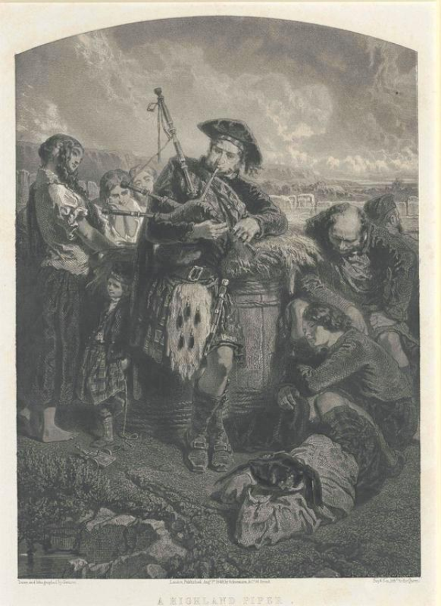 Schwarze und weiße Gravur eines Mannes, der vor einer Gruppe von Menschen eine Dudelsack spielt, mit einem bewölkten Himmel im Hintergrund und der Inschrift "Ein Highland-Pfeife" unten.