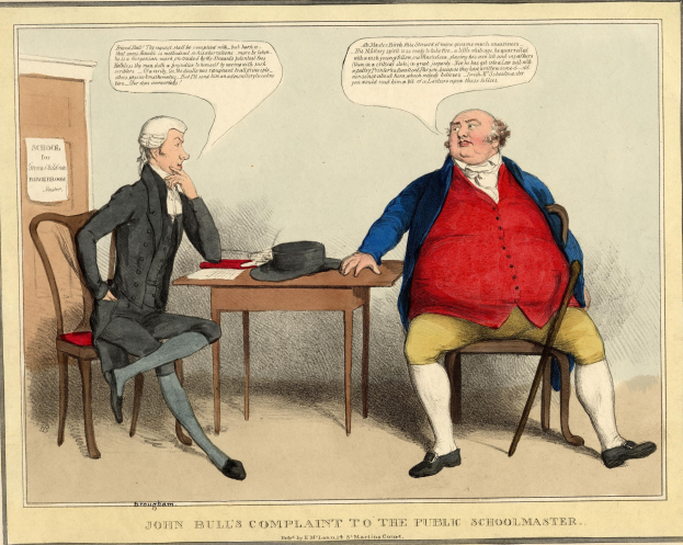 John Bull sitzt einem sitzenden Lehrer gegenüber an einem Tisch mit Hut und Papieren, während eine Tür und ein wandmontiertes Papier im Hintergrund zu sehen sind.