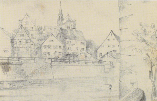 Ein Bleistiftbild namens "Nürnberg, Deutschland" von Joseph Mallord William Turner, das eine Stadtlandschaft mit einem Fluss, Gebäuden, Bäumen und einer Brücke zeigt.