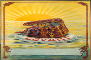 Ein Plakat, das eine auf ruhiger Meeresoberfläche treibende Schatzkiste zeigt, umgeben von einem Seil, mit einer strahlenden Sonne im Hintergrund und Text auf dem Plakat.