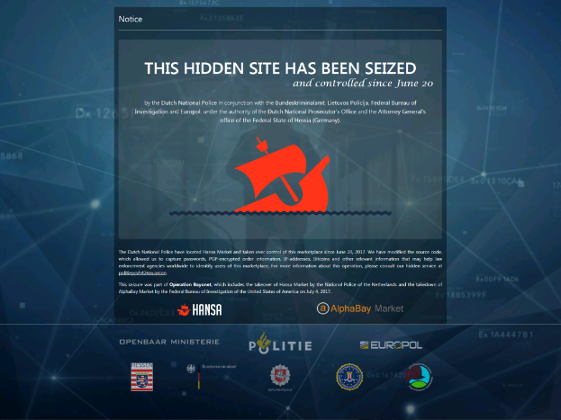 Ein Computerbildschirm mit einer fetten, schwarzen Schrift 'Diese versteckte Website wurde beschlagnahmt' mit einem weißen Rand neben einem Logo der niederländischen Polizei mit einem blauen Schild und einem weißen Stern.
