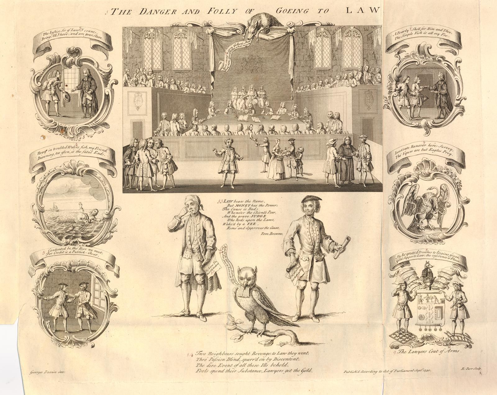 Eine Papierillustration, die verängstigte Menschen mit fettgedrucktem Text zeigt, der vor den Gefahren und Torheiten einer gerichtlichen Verfolgung warnt.