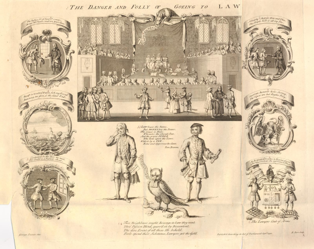 Eine Papierillustration, die verängstigte Menschen mit fettgedrucktem Text zeigt, der vor den Gefahren und Torheiten einer gerichtlichen Verfolgung warnt.