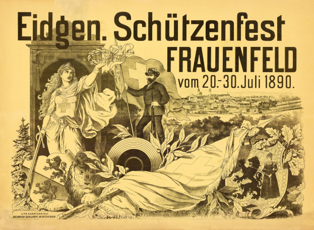 Alter Plakatentwurf für das Eidgen Schützenfest in Frauenfeld, Deutschland, der einen Mann in einem Anzug und eine Frau in einem Kleid zeigt, die nebeneinander stehen, sowie Text mit Veranstaltungseinzelheiten.