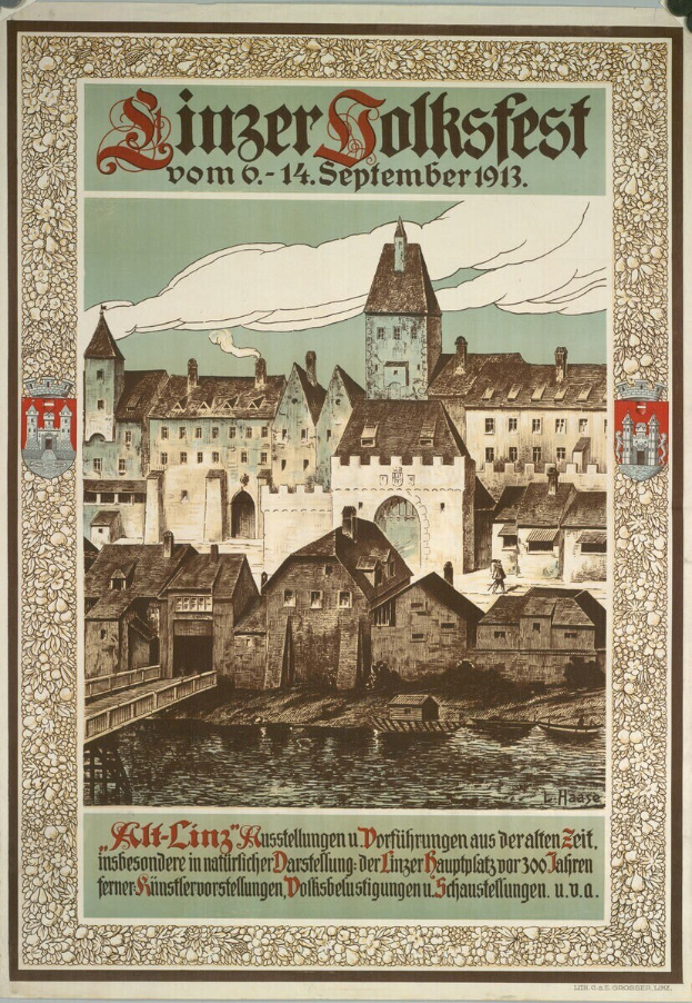 Alter deutscher Festivitätsposter mit einem Schloss und Häusern, das Text über das Ereignis enthält.