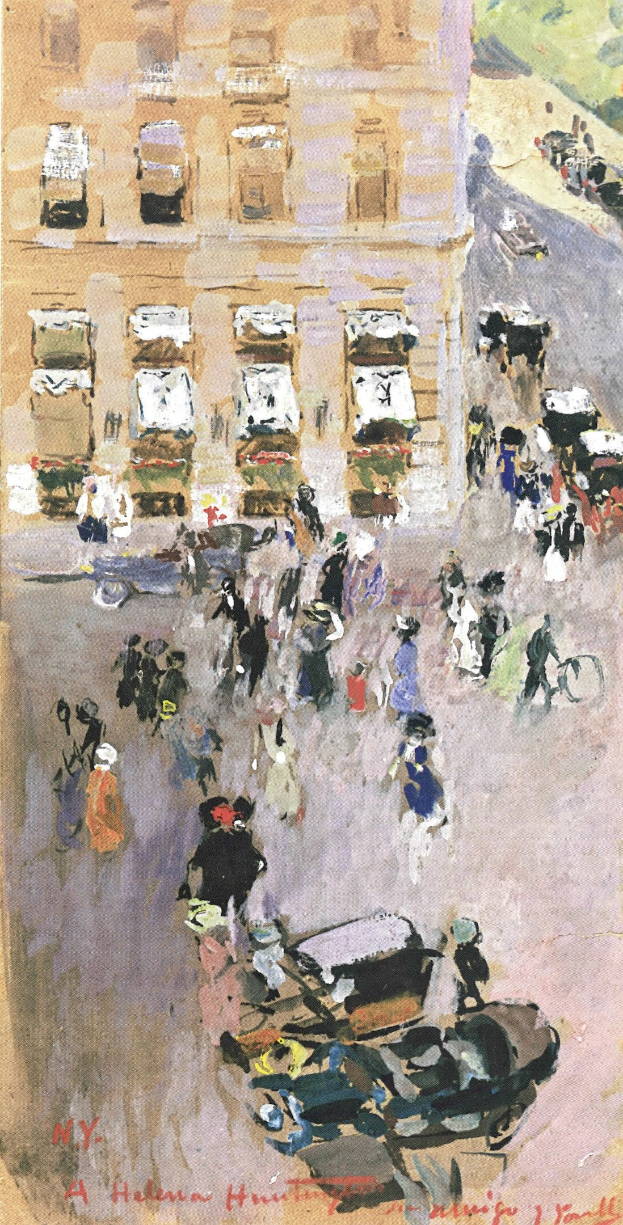 Gemälde einer belebten New Yorker Straße mit Passanten, Fahrzeugen, einem Gebäude im Hintergrund und Text unten.