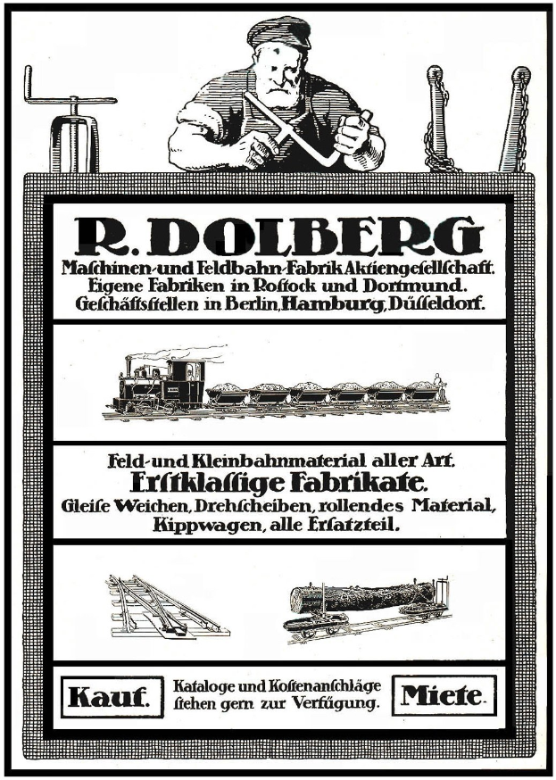 Anzeigetafel für die Fabrik von R.D. Dolberg in Hamburg, Deutschland, mit Text und Abbildungen einer Person, eines Zugs und weiterer Gegenstände.