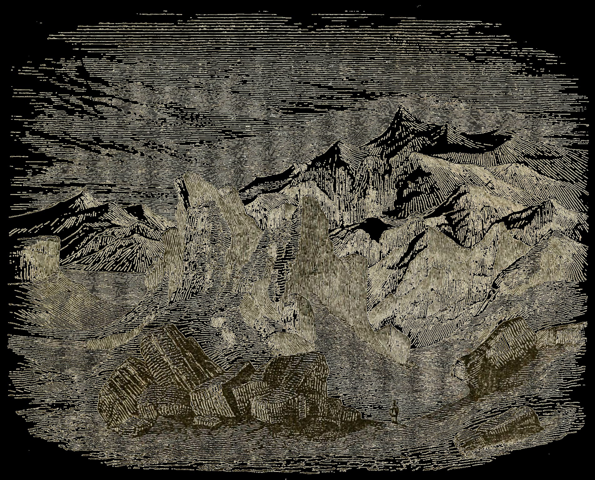 Schwarze und weiße Gravur eines Gebirgszuges mit Felsen im Vordergrund, einem Himmel im Hintergrund und dem Text "Mount Everest" unten.