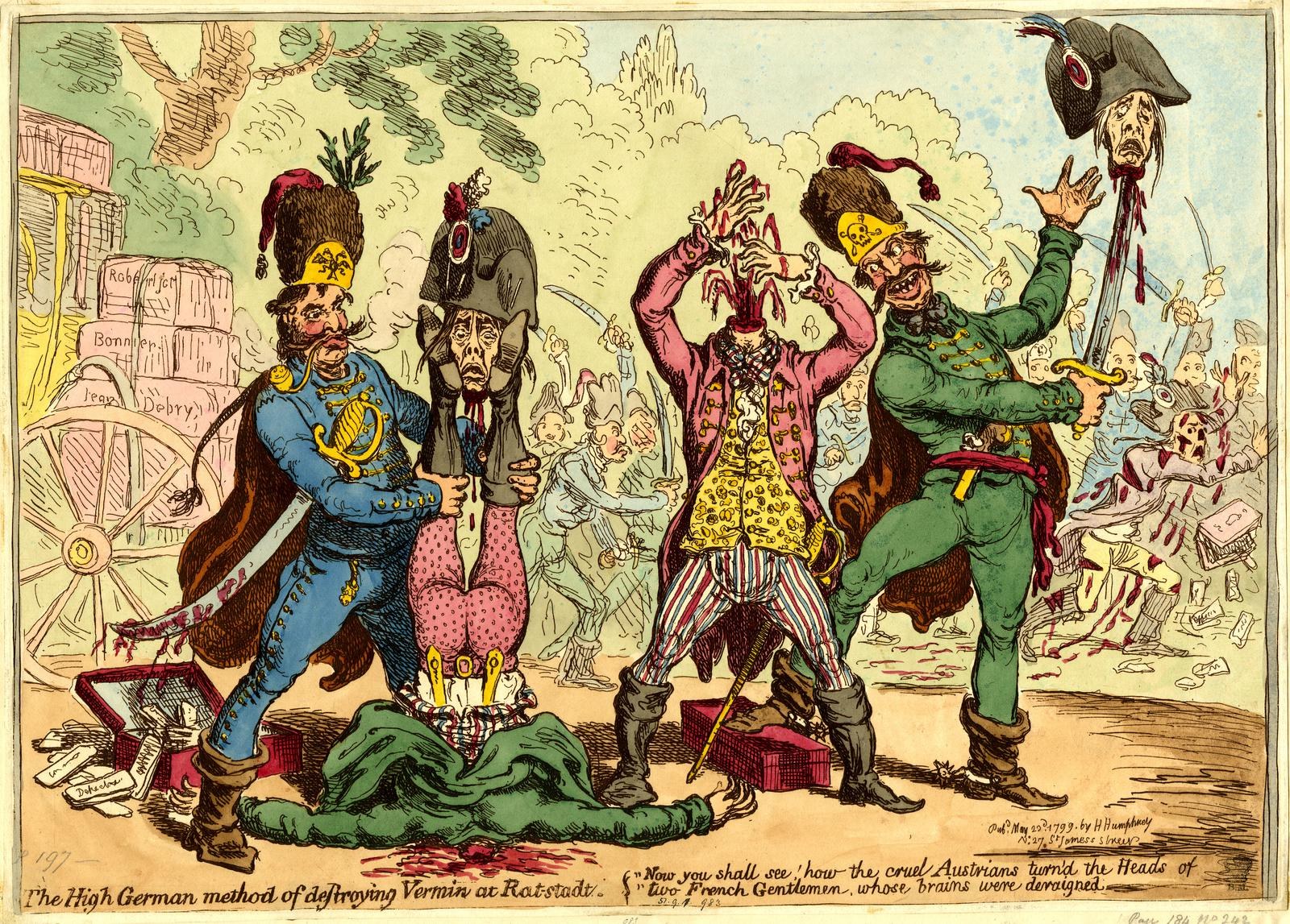 Cartoon-Illustration von Männern in Militäruniformen mit einem, der ein Schwert hält, vor einem Hintergrund aus Bäumen und Gebäuden, mit der Beschriftung "Die hohe deutsche Methode zur Ungezieferbekämpfung in Ratstadt" unten.