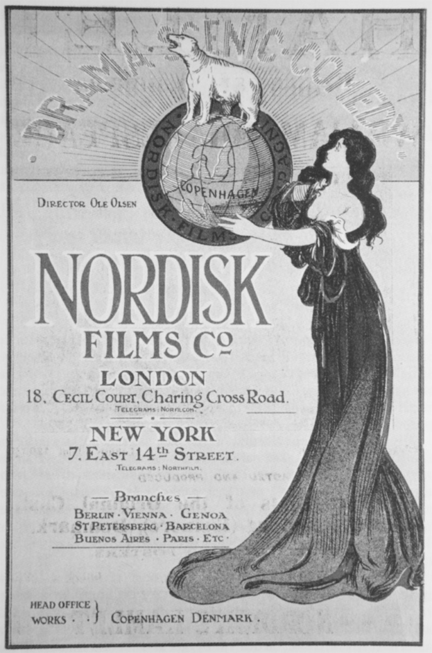 Werbeplakat für Nordisk Films Co. London mit einer Frau in einem langen Kleid mit einem menschlichen Gesicht und Text, der die Dienstleistungen des Unternehmens bewirbt.