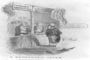 Ein Mann in einem Anzug steht selbstbewusst vor einer Tür, die mit "Ein demokratischer Wähler" beschriftet ist und sieht entschlossen aus.