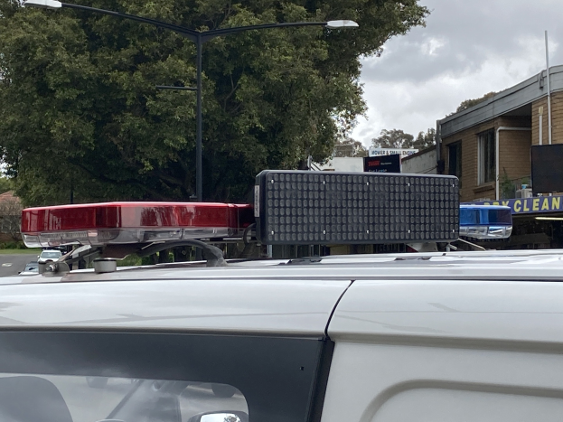 Polizeifahrzeug mit Blaulicht auf einer Straße neben einer Schule geparkt, umgeben von Gebäuden, Bäumen und Strommasten.