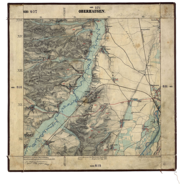 Alte topografische Karte von Oberhausen, Deutschland, die geographische Merkmale wie Berge, Flüsse und St├Ądte mit detaillierten Textanmerkungen zeigt.