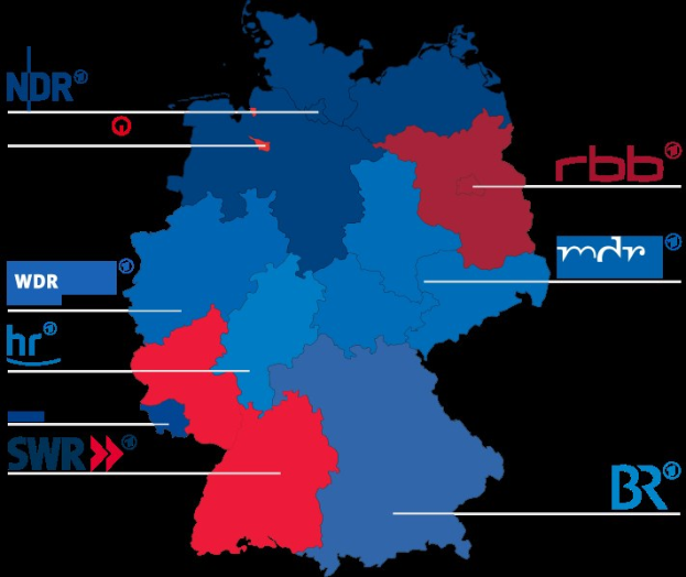 Eine Deutschlandkarte mit hervorhebenden Provinzen in rot und blau, die die Ergebnisse der Wahl von 2016 zeigen, einschließlich der Namen der Kandidaten und detaillierte Wahltermine.