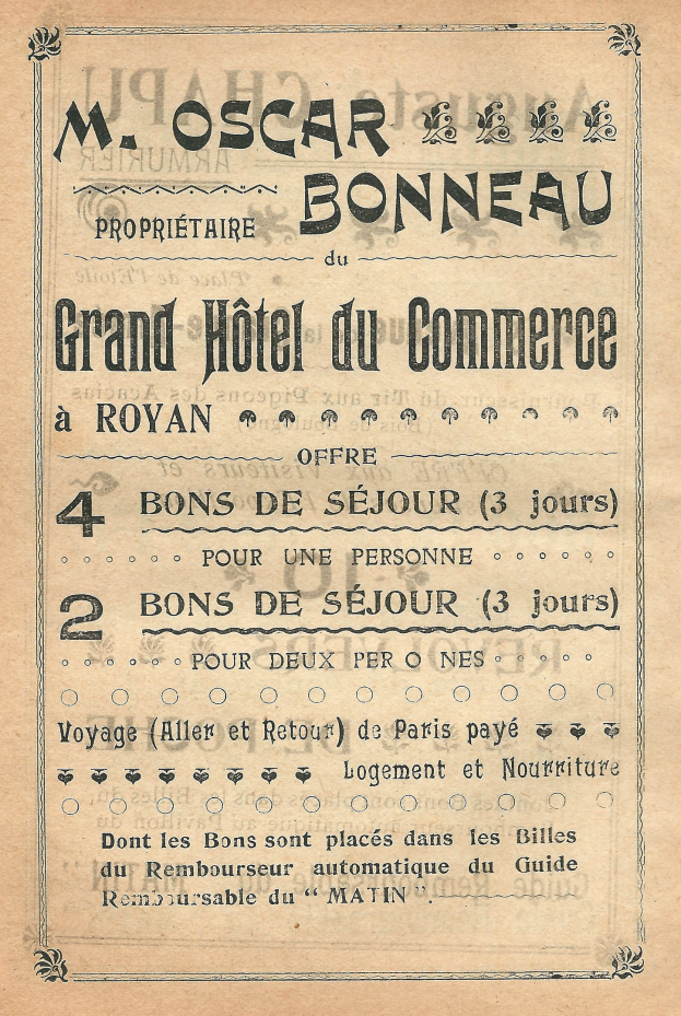 Schwarze und weiße Anzeige für das Grand Hotel du Commerce in Paris mit Text über die Dienstleistungen des Hotels.