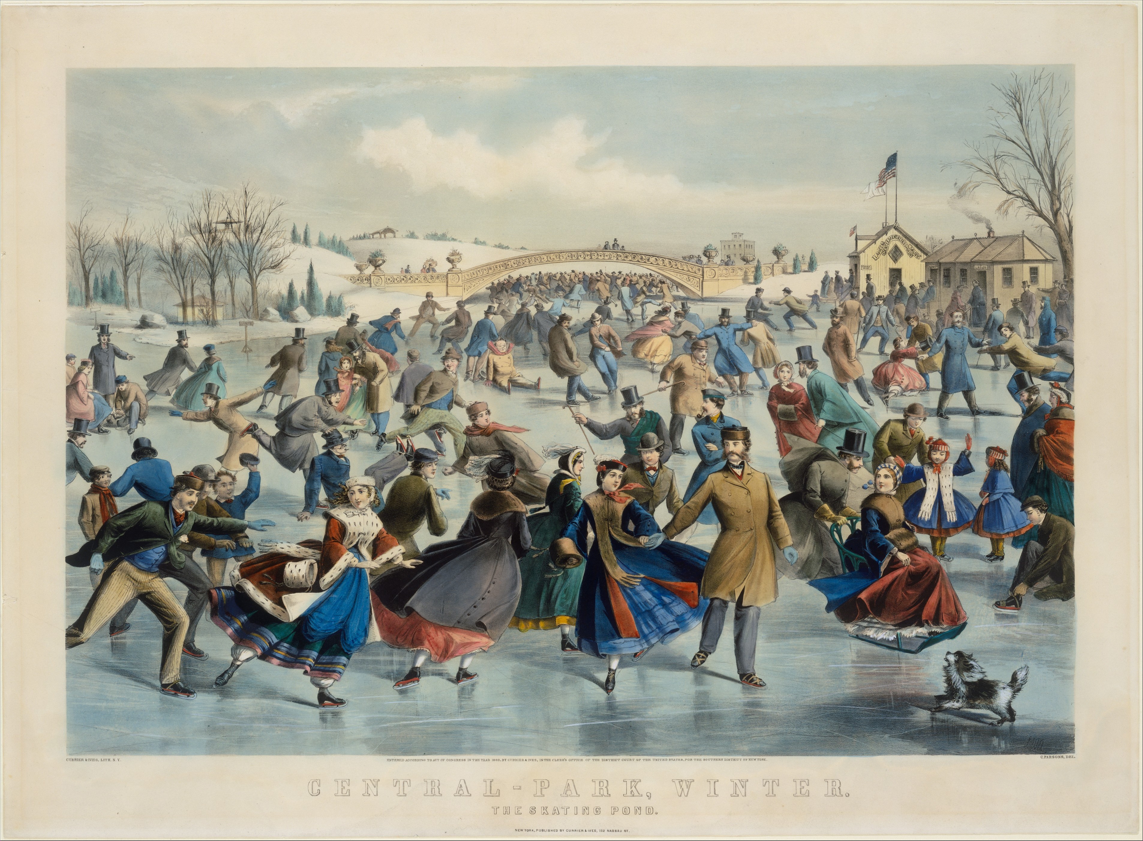 Eine Gruppe von Menschen, die auf einer Eisbahn in Central Park im Winter Schlittschuh laufen, umgeben von Bäumen und Häusern, mit einer Brücke im Hintergrund, bewölktem Himmel und einer Flagge, mit Text am unteren Bildrand.