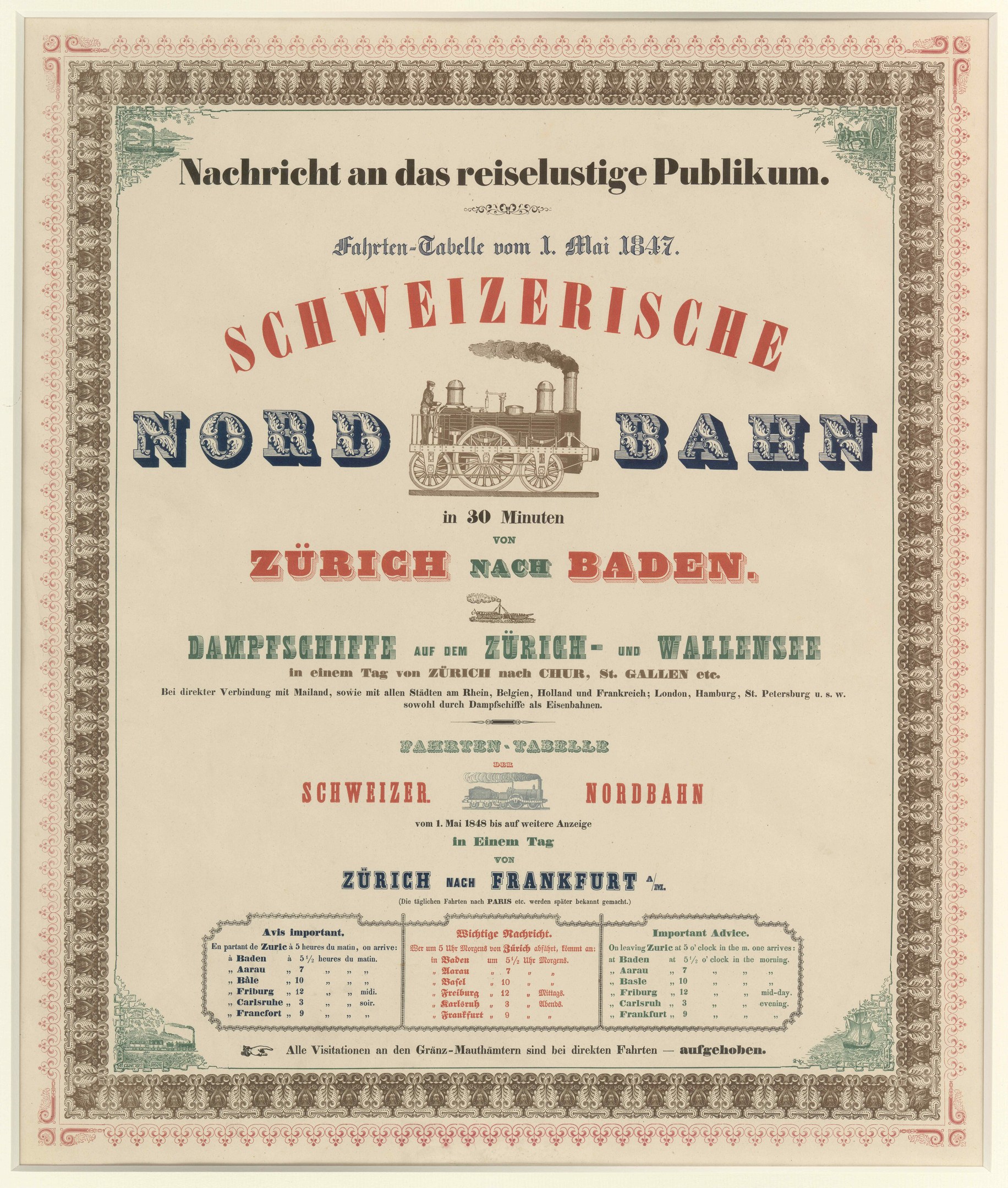Plakat mit einem Zug in der Mitte auf einem hellgelben Hintergrund mit schwarzem und weißem Karomuster, Text lautet "Schweizerische Nordbahn in Baden, Deutschland" in fetter schwarzer Schrift mit einem dekorativen Rahmen.