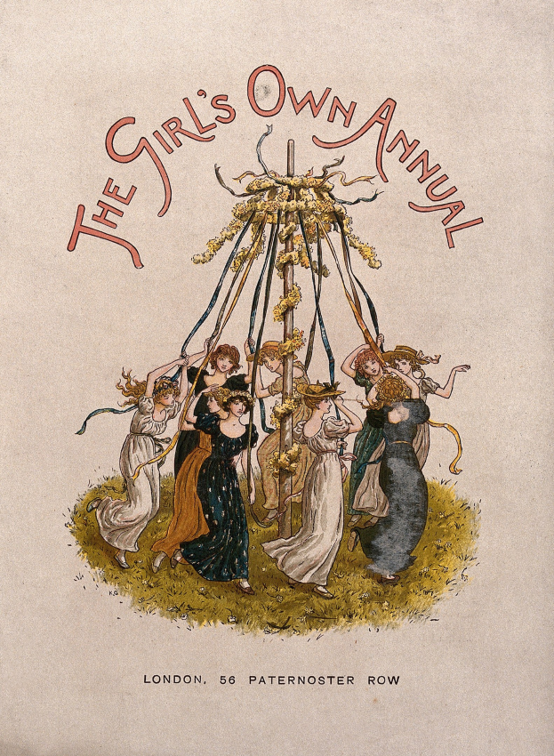 Illustration aus "The Girl's Own Annual", die eine Gruppe von Menschen zeigt, darunter Kinder in bunten Kleidern, die um einen geschmückten Maibaum tanzen.