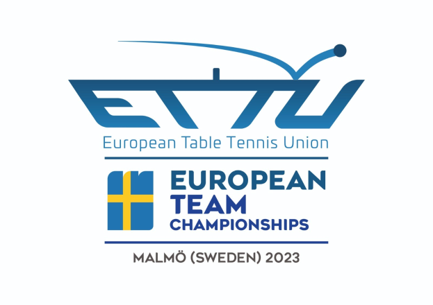 Das Logo der Europäischen Tischtennis-Union (ETTU) für die Europameisterschaften der Mannschaften, bestehend aus einem blauen Kreis mit einem weißen Tischtennisschläger und einem weißen und blauen Rand, mit schwarzem Text darunter.