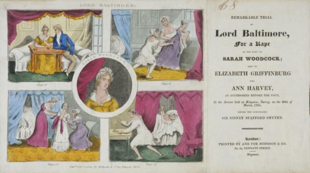 Eine historische Prozessdokument-Illustration, die Lord Baltimore der Vergewaltigung beschuldigt, mit Porträts, Vorhängen und Text.