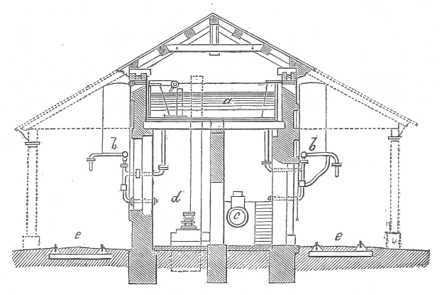 Eine detaillierte Linienzeichnung eines zylindrischen Wasserheizungsboilers in einem Haus, der mit Rohren und Ventilen verbunden ist, mit umgebenden Wänden und beschrifteten Komponenten.