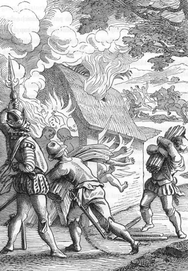 Schwarze und weiße Radierung von 16. Jahrhundert-Männern in mittelalterlicher Kleidung, einer hält ein Schwert, mit einem brennenden Haus und Rauch im Hintergrund.