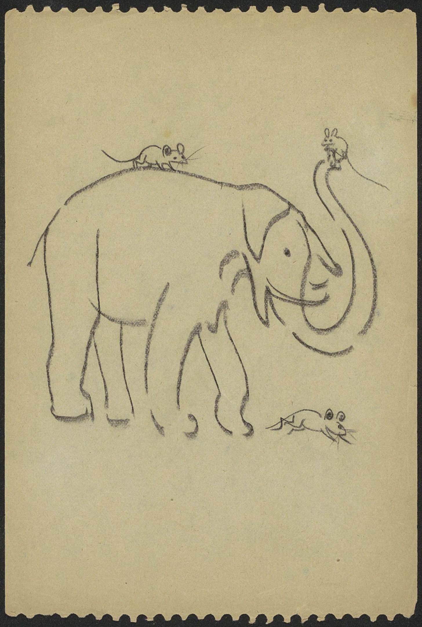 Eine Zeichnung eines aufrecht stehenden Elefanten mit erhobenem Rüssel und einer Maus auf seinem Rücken, die beide friedlich wirken.