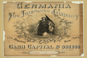 Eine Vintage-Werbung für die Germania Fire Insurance Company, die ein zentrales Bild einer Frau zeigt, mit Text, der die Dienstleistungen der Gesellschaft beschreibt.