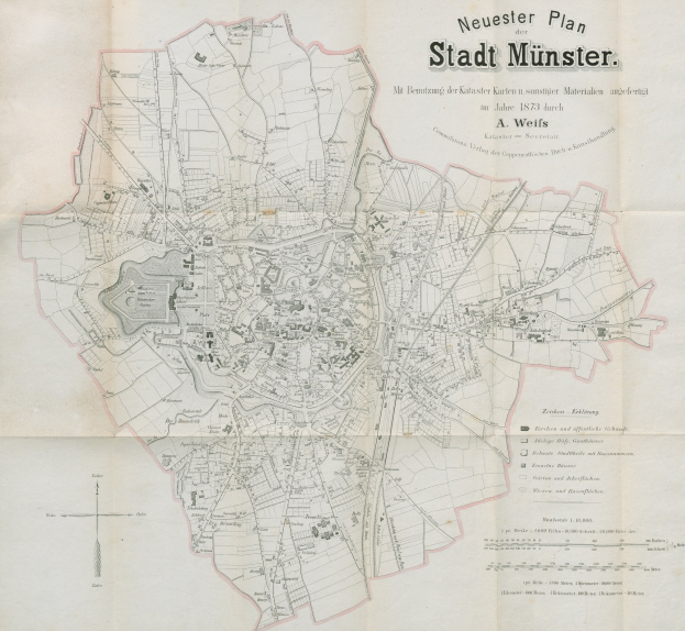 Ausführliche 1873-Karte von Stadt Münster, Deutschland, mit Textanmerkungen zur Stadtplanung.