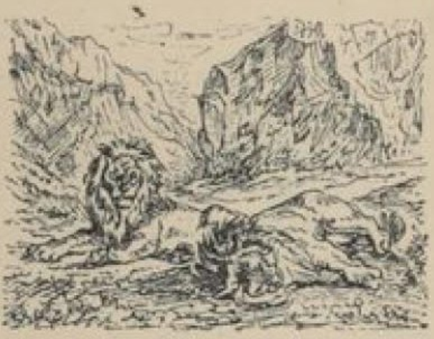 Eine Zeichnung einer Berglandschaft mit einem Mann und einer Frau in friedlicher Umarmung im Vordergrund, umgeben von grünen Hügeln und einem tiefblauen Himmel im Hintergrund, und Text auf einem Papier unten.