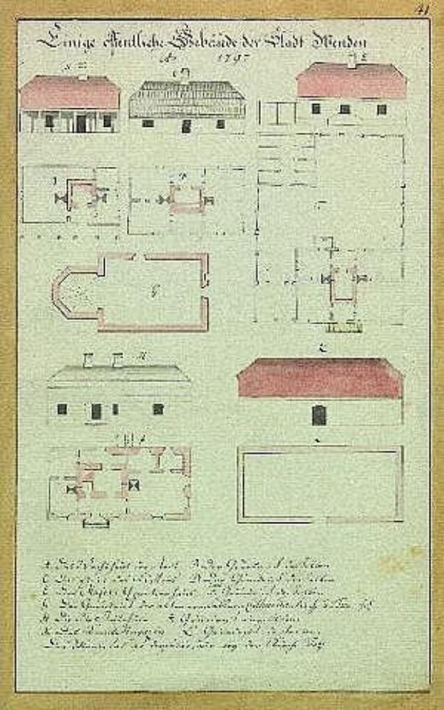 Ein historisches Papier mit einer detaillierten Zeichnung von Schloss Stiefen, einem deutschen Gefängnis aus dem Jahr 1797, mit einem rotgedeckten Haus und begleitenden Plänen und Texten, die den Aufbau beschreiben.