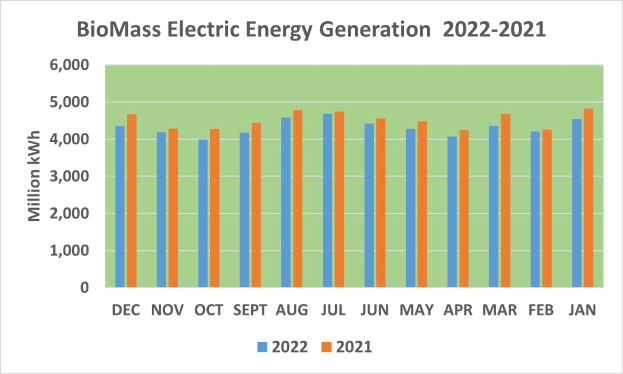 Balkendiagramm, das die elektrische Energieerzeugung aus Biomasse von 2021 bis 2022 zeigt, mit begleitendem erklärendem Text.
