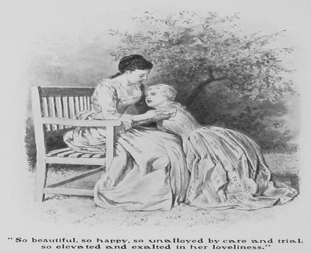 Eine Frau und ein Kind sitzen auf einer Bank unter einem Baum, mit Text unten: "So schön, so glücklich, so ungetrübt von Sorgen und Schwierigkeiten, so erhöht und erhoben in ihrer Schönheit."