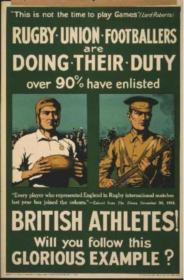 Plakat mit zwei Rugbyspielern in Uniform mit Text über britische Athleten, die sich verpflichten und ihre Pflichten übernehmen.