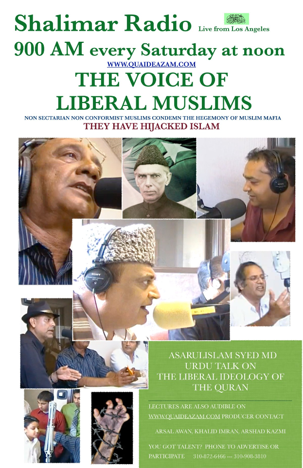 Plakat für die Radiosendung "Die Stimme der liberalen Muslime", das Bilder von Menschen mit Kopfhörern und Mikrofonen zeigt, die sich unterhalten.