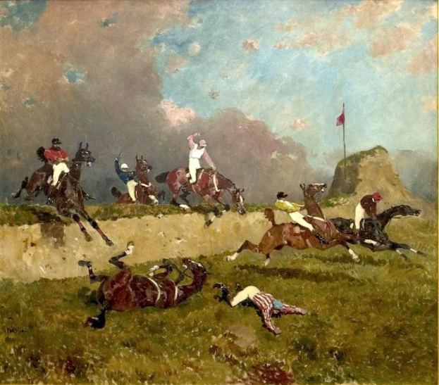 Gemälde namens 'Pferdesprung' von George Stubbs zeigt Reiter auf Pferden, die über einen Hügel springen, mit einer Fahnenstange und einem bewölkten Himmel im Hintergrund.