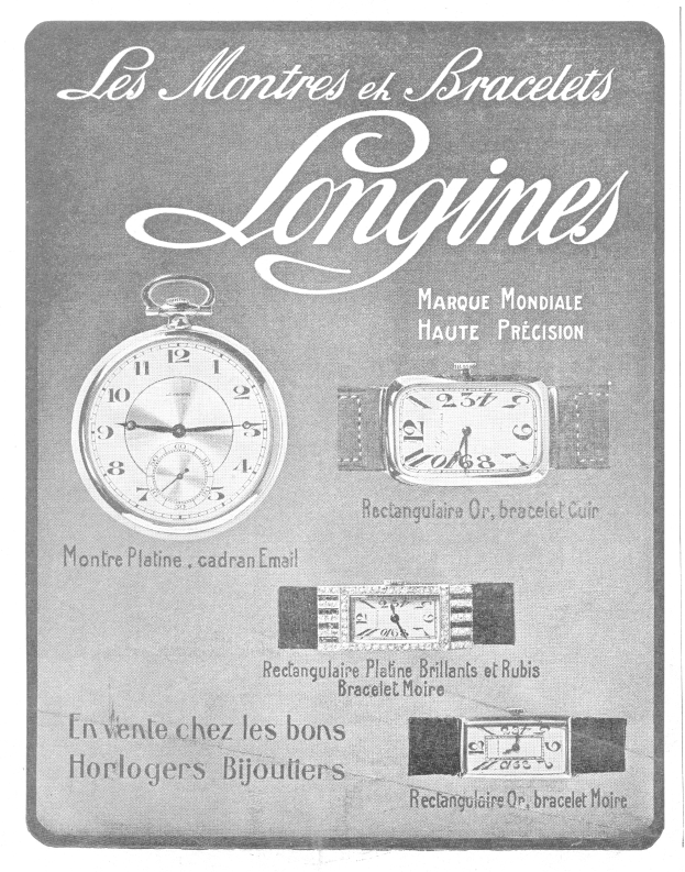 Vintage-Werbetafel für Longines-Uhren aus den 1920er-Jahren mit gedämpften blauen und grauen Tönen, die detaillierte Uhrendarstellungen und klassische Typografie zeigen.