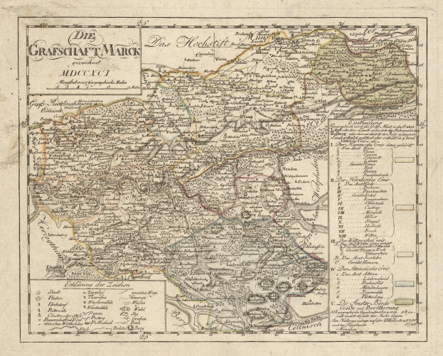 Ein detaillierter, alter Stadtplan von München, Deutschland, mit Text, der Straßen, Parks, Sehenswürdigkeiten, Flüsse und Berge zeigt, eingerahmt von einem dekorativen Rand in Blau-, Grün- und Gelbtönen.