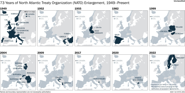 Karte zeigt NATO-Erweiterung von 1949 bis heute, mit Regionen farblich nach Jahr der Mitgliedschaft unterteilt.