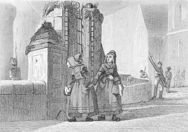Schwarze Und Weiße Gravur Von Zwei Frauen, Die Vor Einem Gebäude Stehen, Mit Anderen Leuten Im Hintergrund, Betitelt Mit "Victorian Women In The City Of London."