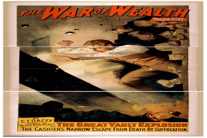 Eine Person in einem langen, dunklen Mantel und Hut steht heroisch mit ausgestreckten Armen umgeben von Text, der "Der Krieg des Reichtums: Die große Tresorexplosion" gegen einen tiefblauen, sternenklaren Hintergrund liest.