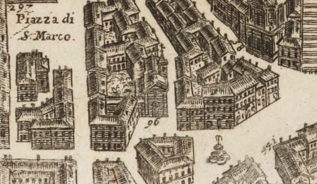 Eine handgezeichnete Stadtansicht mit mehreren Gebäuden in verschiedenen Architekturstilen und handgeschriebener Text auf dem Papier.