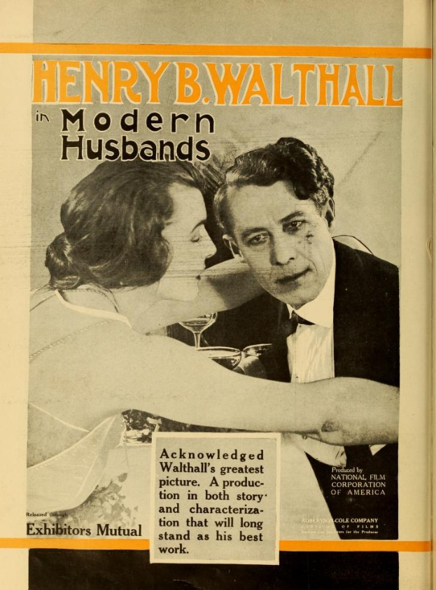 Buchumschlag mit einem Mann und einer Frau in inniger Umarmung, mit dem Titel 'Henry B. Walthall in Modern Husbands' darunter.