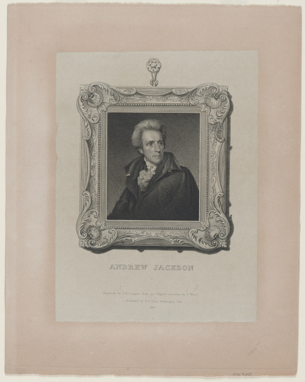 Porträt von Andrew Jackson in einem schwarzen Mantel, gerahmt mit Text unten.