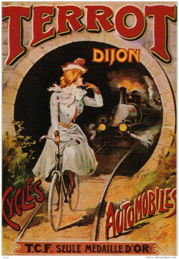 Vintage-Plakat, das eine Frau in weißem Kleid und Hut auf einem Fahrrad neben einem hellgelben Zug zeigt, mit der Aufschrift "Terrot Dijon Cycles Automobiles" oben und einem gedämpften Farbschema aus Blauen, Grünen und Gelben.