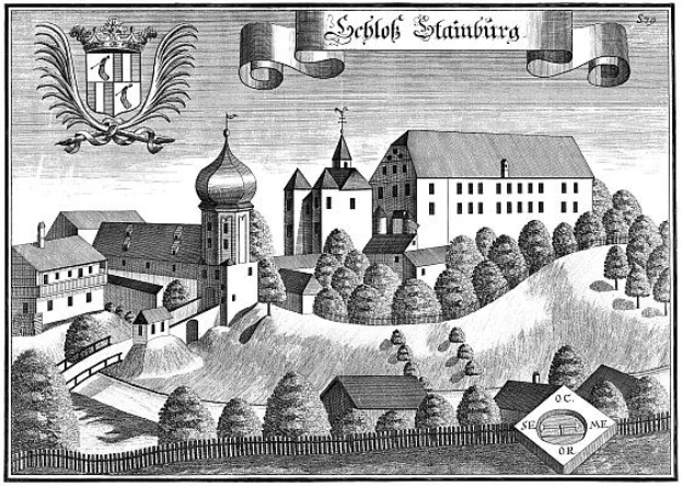 Schwarz-weiß-Etching von Schloss Stainburg, Germany, featuring a castle, trees, buildings, a fence, and a logo.
